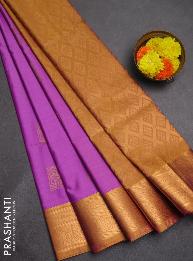 Semi soft silk saree purple and mustard yellow with zari woven buttas and zari woven border