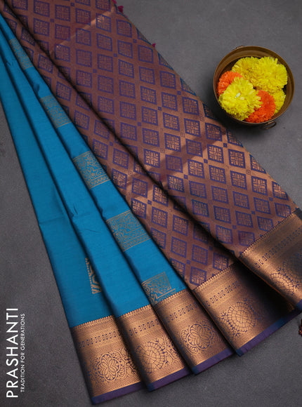 Semi soft silk saree teal blue and dual shade of purple with zari woven buttas and zari woven border