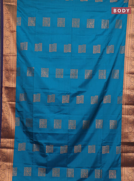 Semi soft silk saree teal blue and dual shade of purple with zari woven buttas and zari woven border