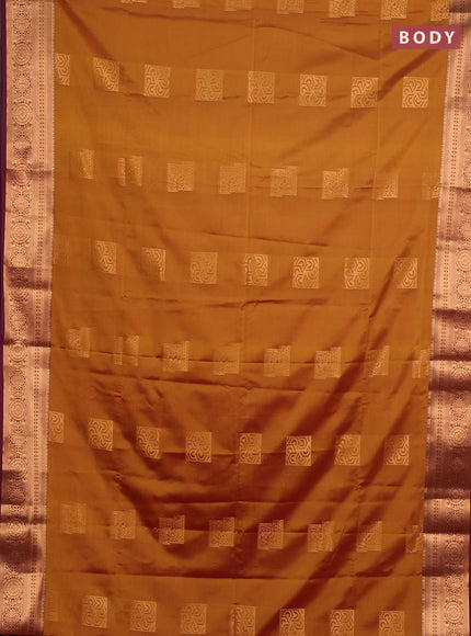 Semi soft silk saree dark mustard and wine shade with zari woven buttas and zari woven border