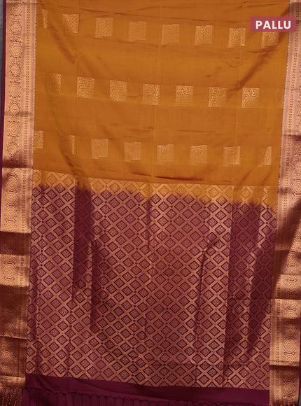Semi soft silk saree dark mustard and wine shade with zari woven buttas and zari woven border