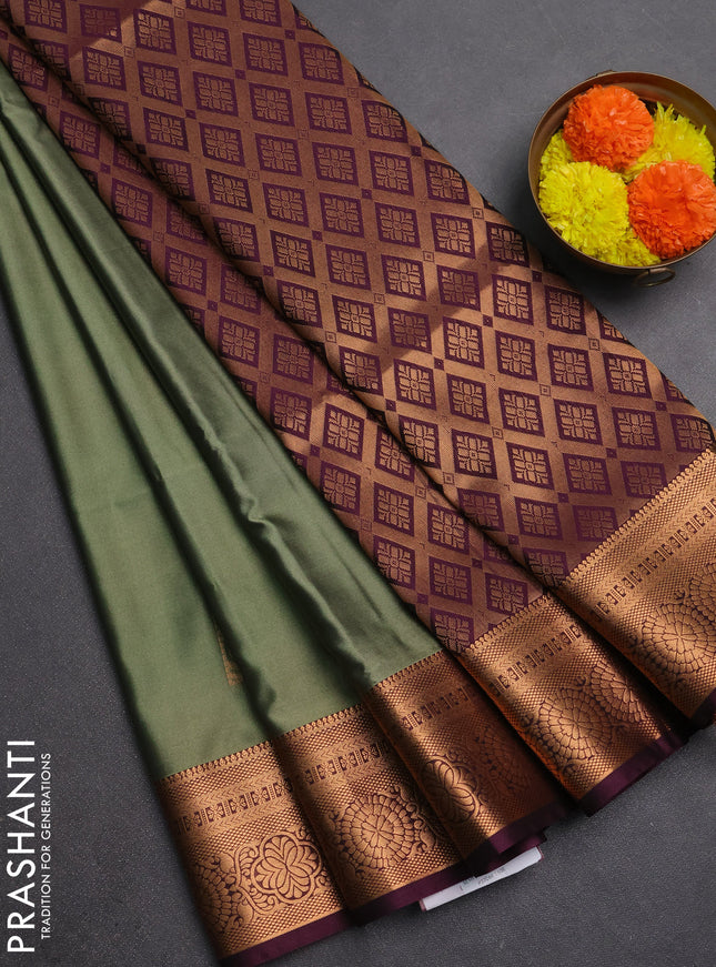 Semi soft silk saree elaichi green and wine shade with zari woven buttas and zari woven border