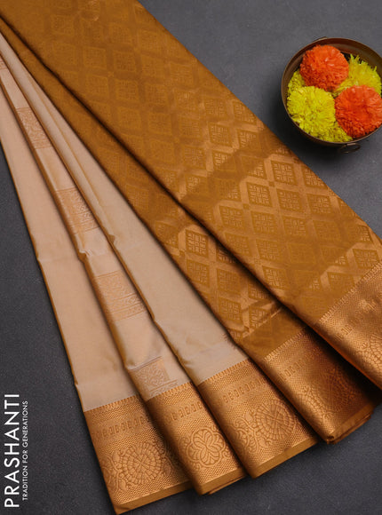 Semi soft silk saree peach shade and mustard yellow with zari woven buttas and zari woven border