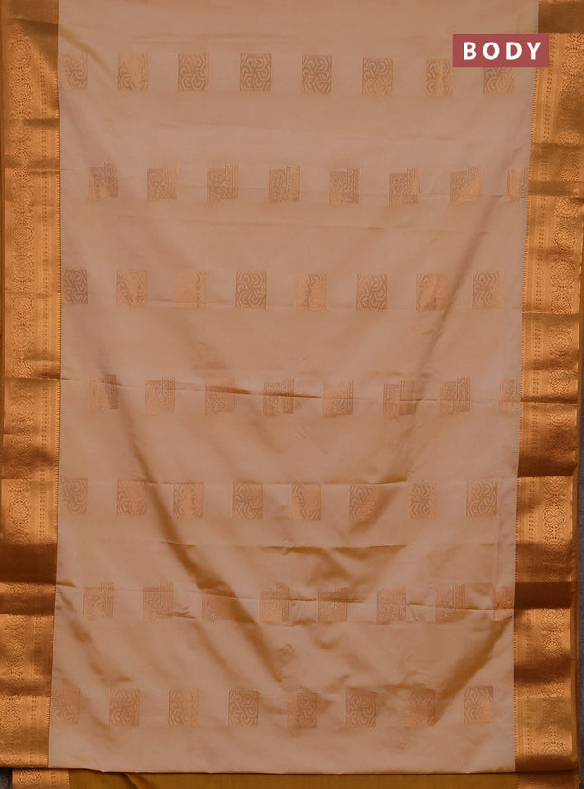 Semi soft silk saree peach shade and mustard yellow with zari woven buttas and zari woven border