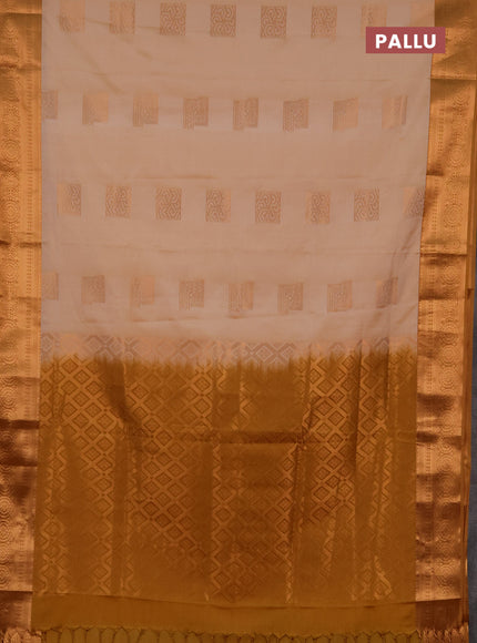 Semi soft silk saree peach shade and mustard yellow with zari woven buttas and zari woven border