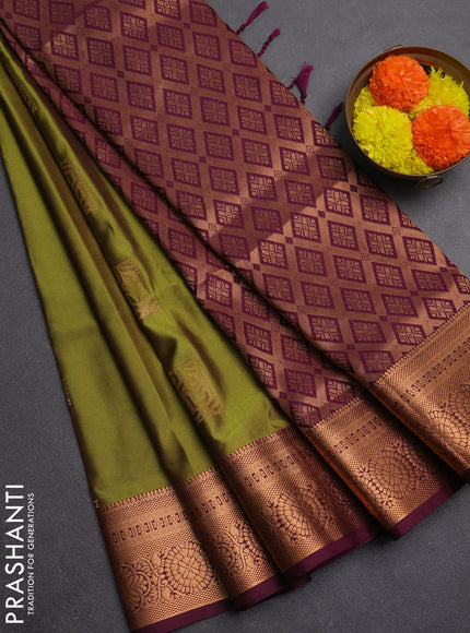 Semi soft silk saree mehendi green and wine shade with zari woven buttas and zari woven border