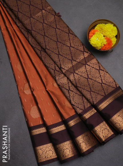 Semi soft silk saree rust shade and coffee brown with allover zari woven buttas and rettapet zari woven border