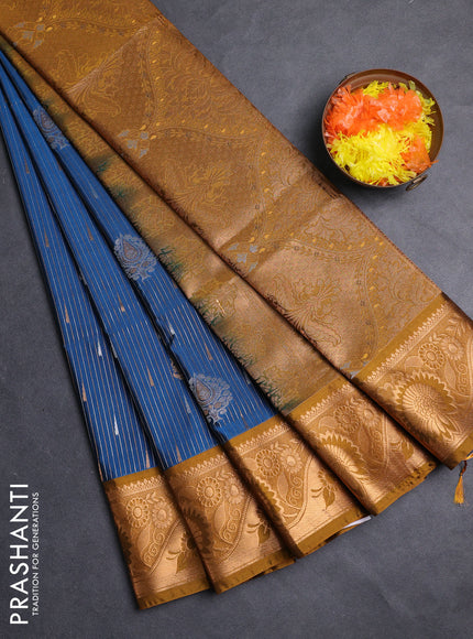 Semi soft silk saree peacock blue and dark mustard with zari woven buttas and zari woven border