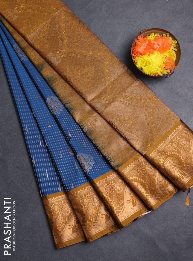 Semi soft silk saree peacock blue and dark mustard with zari woven buttas and zari woven border