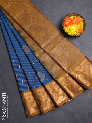 Semi soft silk saree peacock blue and dark mustard with zari woven buttas and zari woven border