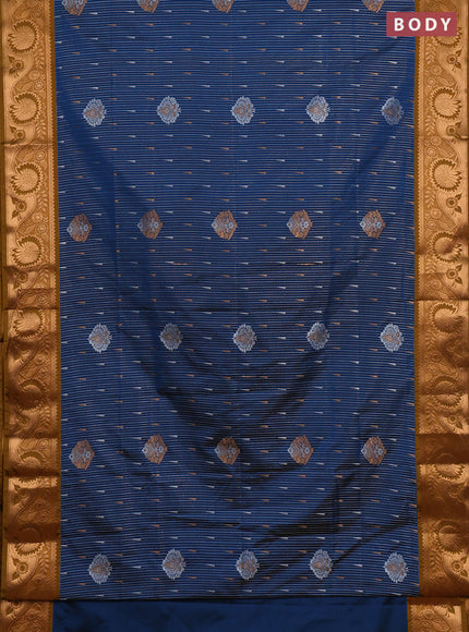 Semi soft silk saree peacock blue and dark mustard with zari woven buttas and zari woven border