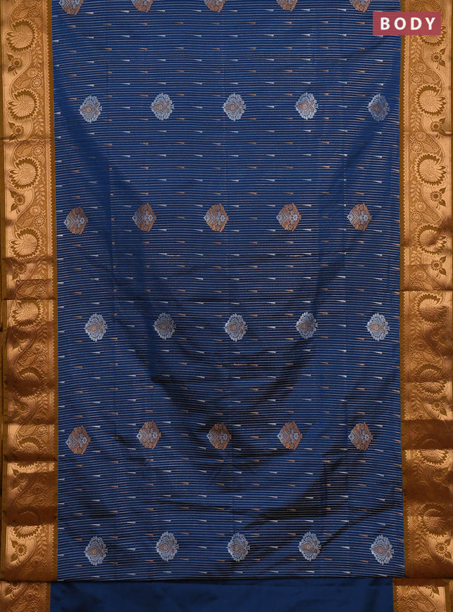 Semi soft silk saree peacock blue and dark mustard with zari woven buttas and zari woven border