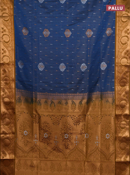 Semi soft silk saree peacock blue and dark mustard with zari woven buttas and zari woven border
