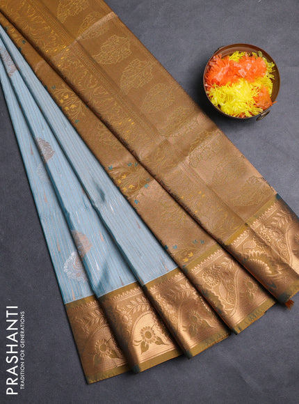 Semi soft silk saree teal shade and dark mustard with zari woven buttas and zari woven border