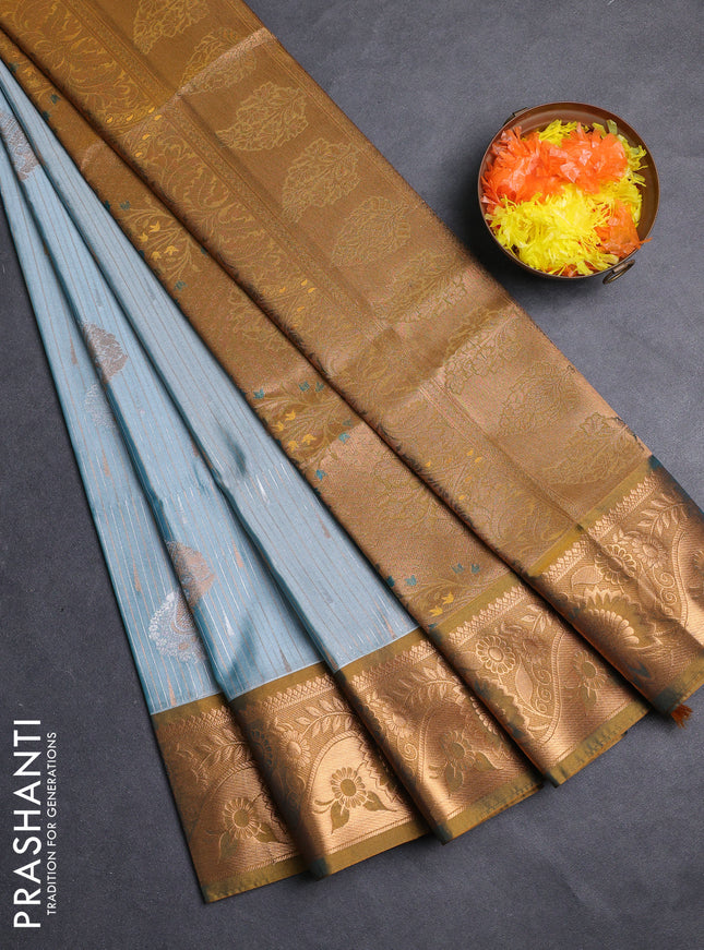 Semi soft silk saree teal shade and dark mustard with zari woven buttas and zari woven border