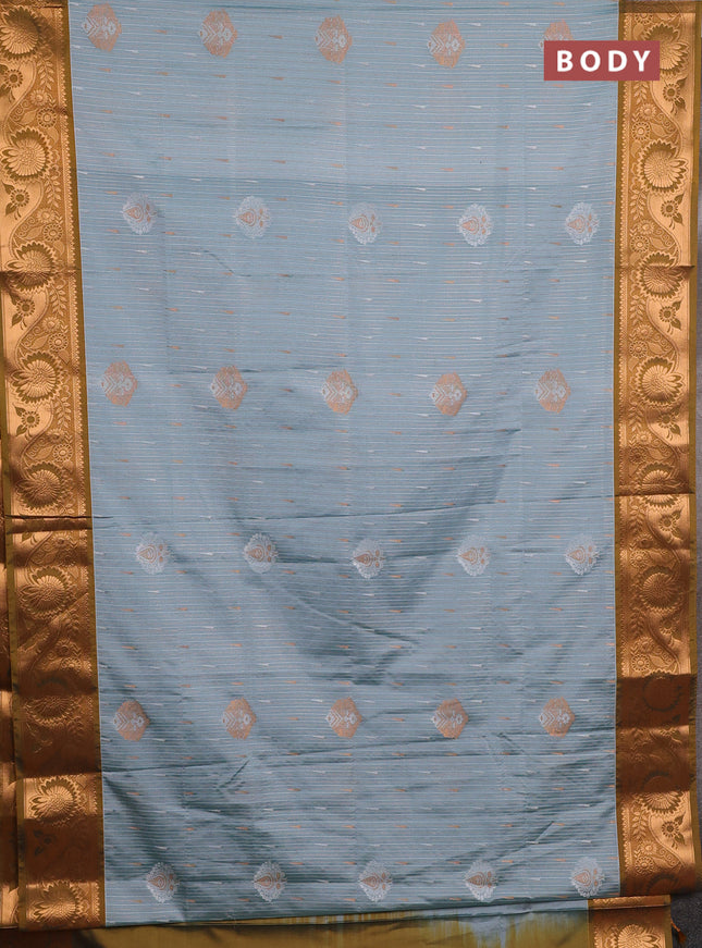 Semi soft silk saree teal shade and dark mustard with zari woven buttas and zari woven border
