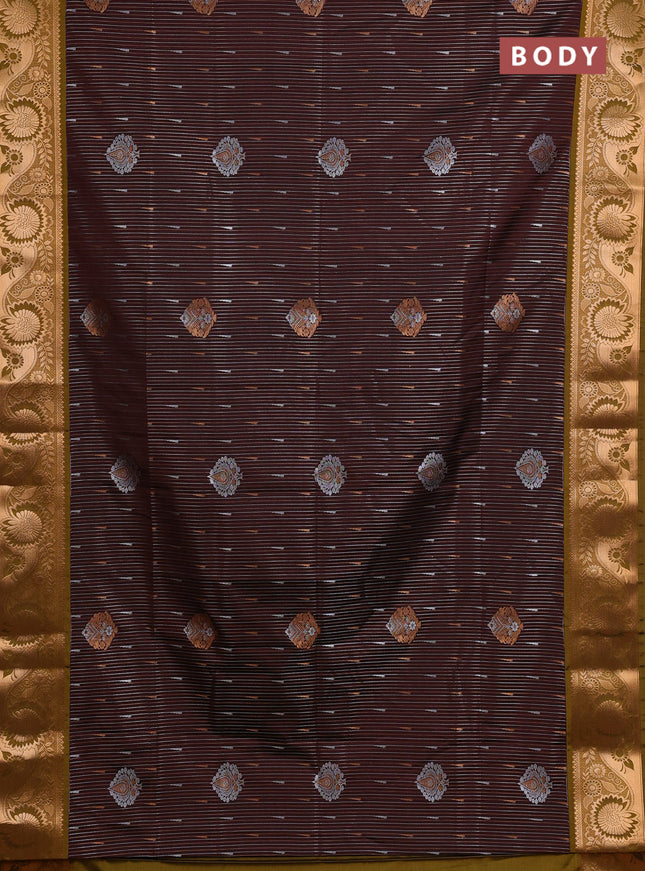 Semi soft silk saree deep maroon and mustard green with zari woven buttas and zari woven border