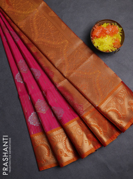 Semi soft silk saree pink and rustic orange with zari woven buttas and zari woven border