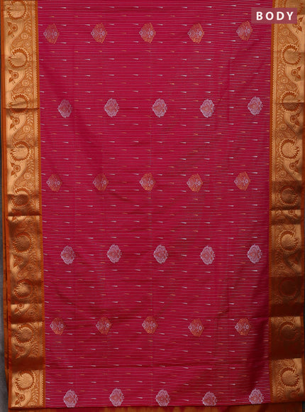 Semi soft silk saree pink and rustic orange with zari woven buttas and zari woven border