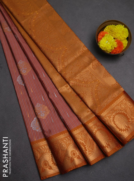 Semi soft silk saree peach pink and rustic orange with allover silver & gold zari weaves & buttas and zari woven border