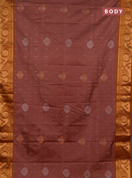 Semi soft silk saree peach pink and rustic orange with allover silver & gold zari weaves & buttas and zari woven border