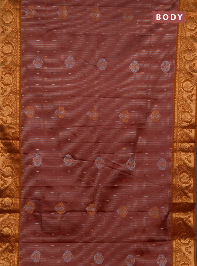 Semi soft silk saree peach pink and rustic orange with allover silver & gold zari weaves & buttas and zari woven border