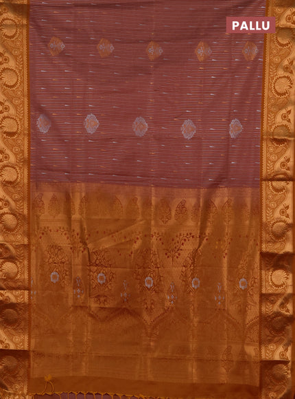 Semi soft silk saree peach pink and rustic orange with allover silver & gold zari weaves & buttas and zari woven border