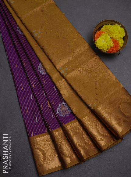 Semi soft silk saree deep purple and dark mustard with allover silver & gold zari weaves & buttas and zari woven border