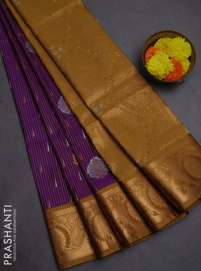 Semi soft silk saree deep purple and dark mustard with allover silver & gold zari weaves & buttas and zari woven border