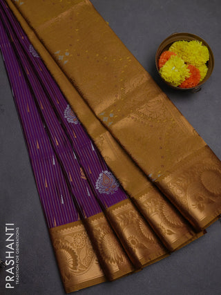 Semi soft silk saree deep purple and dark mustard with allover silver & gold zari weaves & buttas and zari woven border