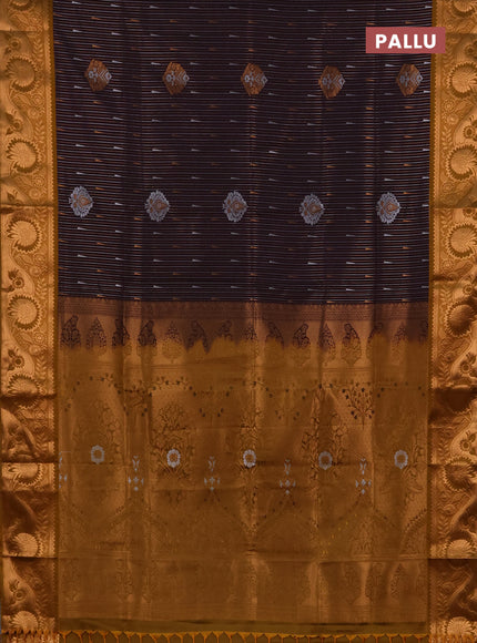 Semi soft silk saree deep jamun and dark mustard with allover silver & gold zari weaves & buttas and zari woven border