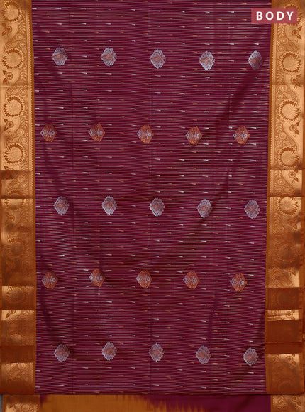 Semi soft silk saree wine shade and rustic orange with allover silver & gold zari weaves & buttas and zari woven border