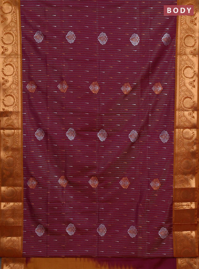 Semi soft silk saree wine shade and rustic orange with allover silver & gold zari weaves & buttas and zari woven border