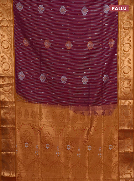 Semi soft silk saree wine shade and rustic orange with allover silver & gold zari weaves & buttas and zari woven border