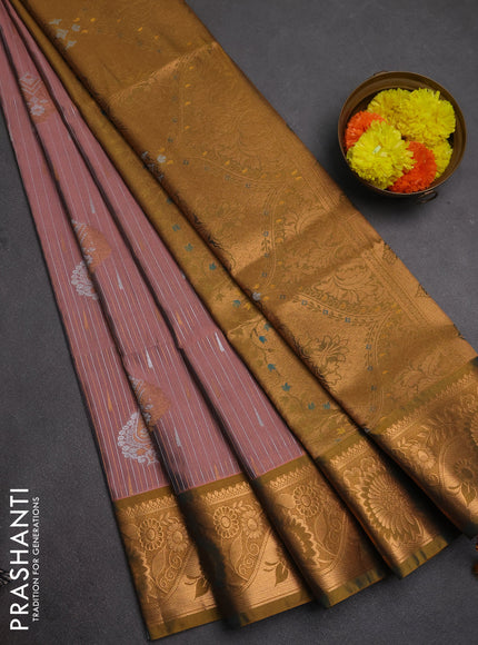 Semi soft silk saree peach pink and dark mustard with allover silver & gold zari weaves & buttas and zari woven border