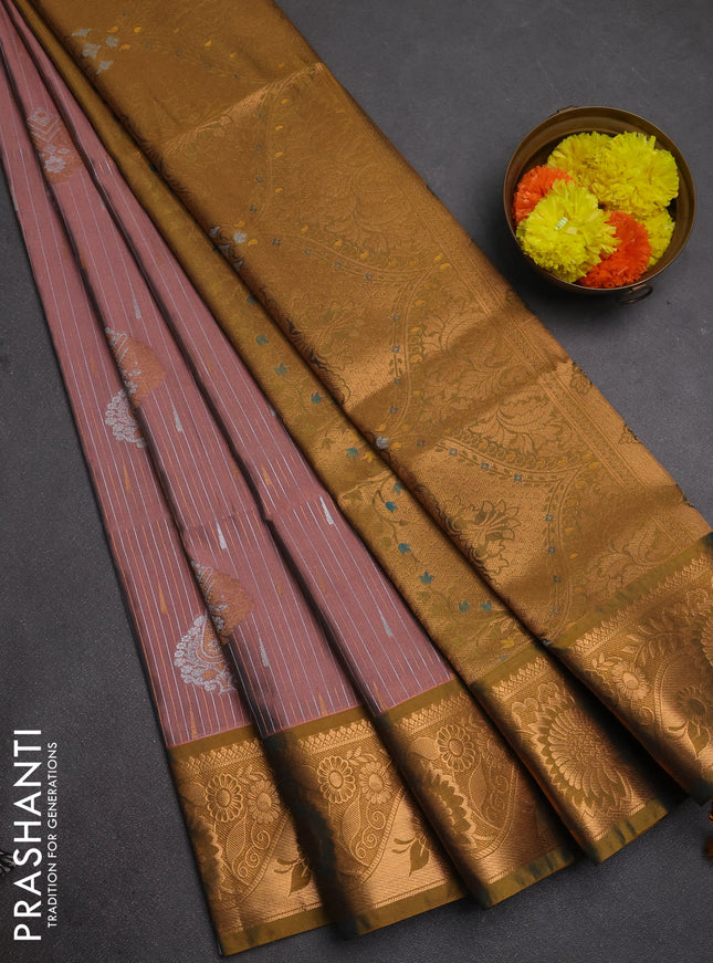 Semi soft silk saree peach pink and dark mustard with allover silver & gold zari weaves & buttas and zari woven border