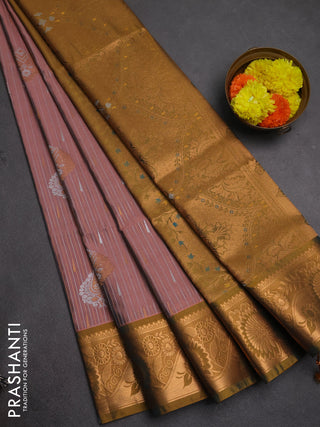 Semi soft silk saree peach pink and dark mustard with allover silver & gold zari weaves & buttas and zari woven border