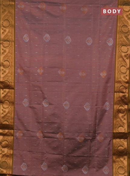 Semi soft silk saree peach pink and dark mustard with allover silver & gold zari weaves & buttas and zari woven border