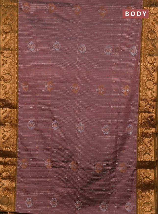 Semi soft silk saree peach pink and dark mustard with allover silver & gold zari weaves & buttas and zari woven border