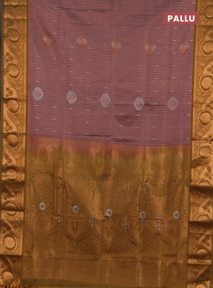 Semi soft silk saree peach pink and dark mustard with allover silver & gold zari weaves & buttas and zari woven border