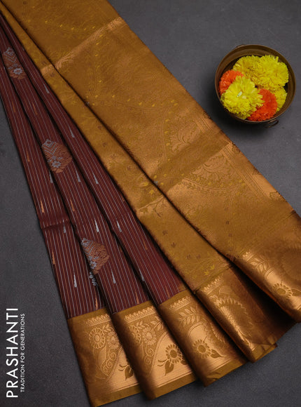 Semi soft silk saree deep maroon and dark mustard with allover silver & gold zari weaves & buttas and zari woven border