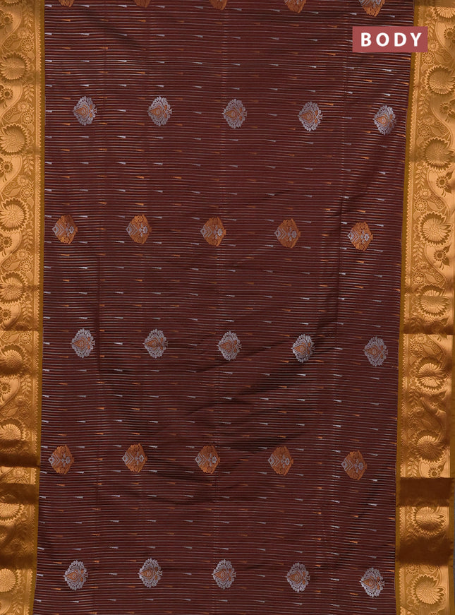 Semi soft silk saree deep maroon and dark mustard with allover silver & gold zari weaves & buttas and zari woven border