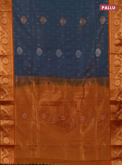 Semi soft silk saree peacock green and rustic orange with allover silver & gold zari weaves & buttas and zari woven border
