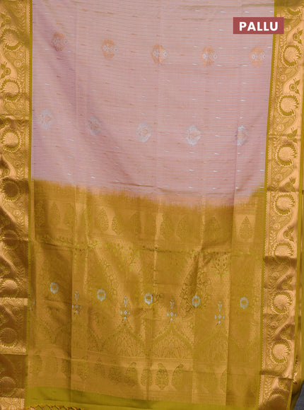 Semi soft silk saree peach shade and lime green with allover silver & gold zari weaves & buttas and zari woven border