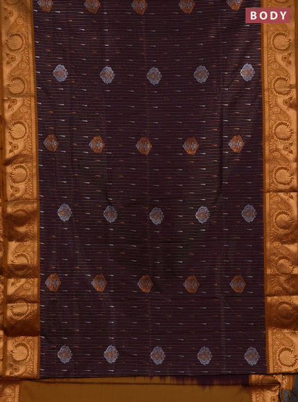Semi soft silk saree deep wine and dark mustard with allover silver & gold zari weaves & buttas and zari woven border