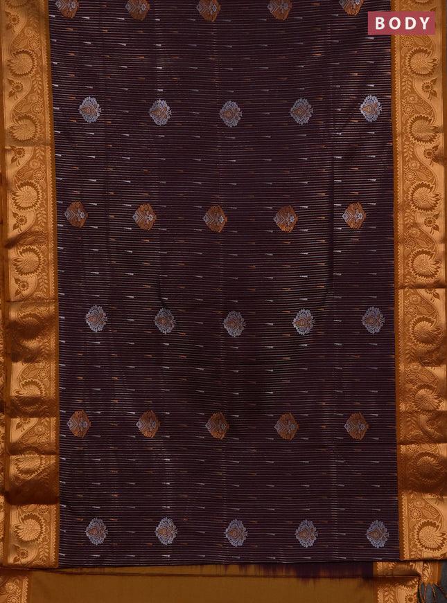 Semi soft silk saree deep wine and dark mustard with allover silver & gold zari weaves & buttas and zari woven border