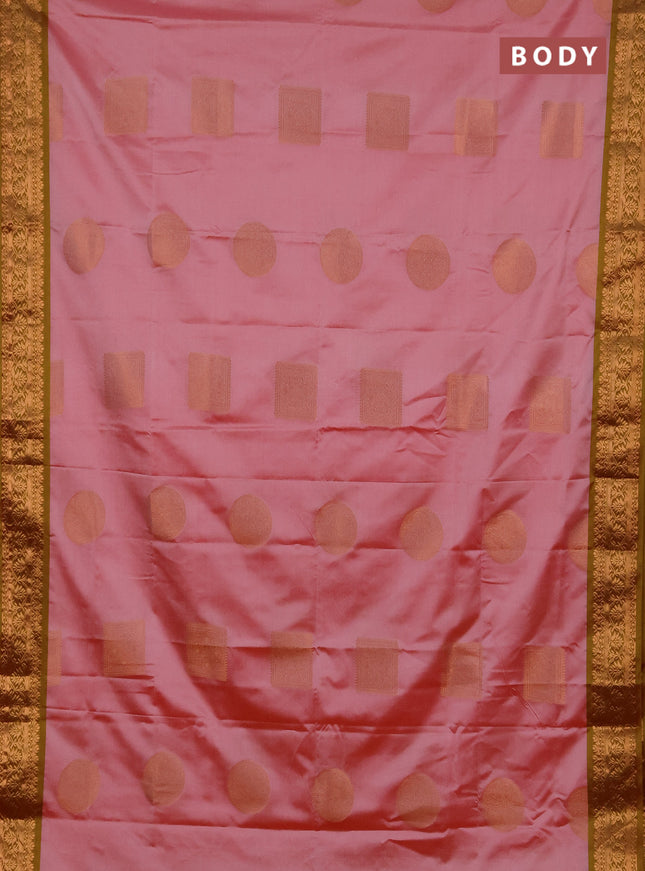 Semi soft silk saree pink shade and dual shade of mehendi green with zari woven buttas and zari woven border