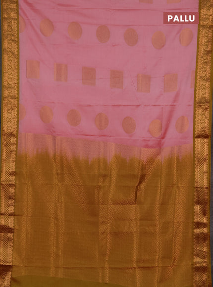 Semi soft silk saree pink shade and dual shade of mehendi green with zari woven buttas and zari woven border