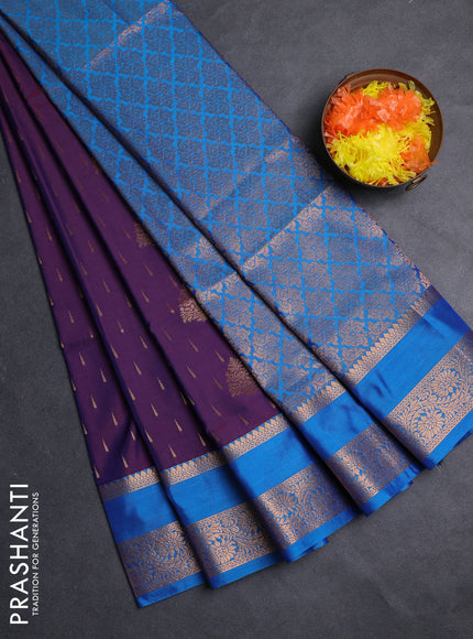 Semi soft silk saree purple and cs blue with allover zari woven buttas and rettapet zari woven border