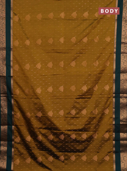 Semi soft silk saree dark mustard and bottle green with allover zari woven buttas and rettapet zari woven border